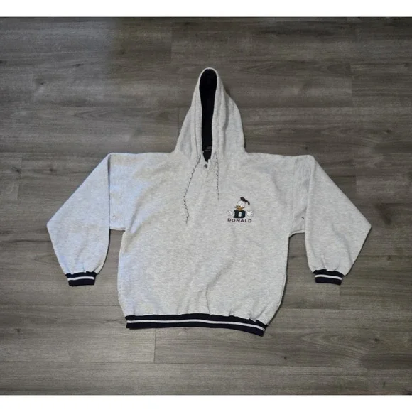 Vintage Disney Store Donald Duck Gray Quarter Button Hoodie Large/XL - Picture 1 of 13